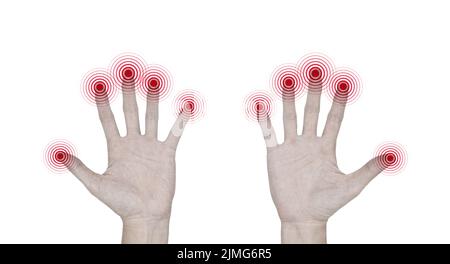 Douleur, picotements et engourdissement du bout des doigts du jeune homme asiatique atteint de diabète. Problèmes de sensation de doigt, de main et de nerfs. Toucher fin Banque D'Images