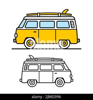 Fourgonnette de surf rétro jaune avec planche de surf sur le ro dans des contours noirs audacieux pour le transport, le camping ou la vie de la camionnette - illustration vectorielle Illustration de Vecteur