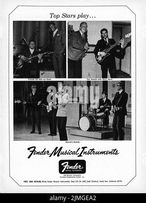 Une pub de guitare Fender d'un magazine musical 1962 montrant que les meilleures stars jouent des instruments Fender. La publicité présente Lou Rawls, Harry James et Herman's Hermites. Banque D'Images