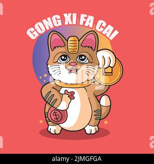 chat mignon portant le symbole doré de la prospérité Illustration de Vecteur