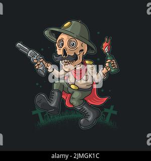 Un dessin vectoriel d'un drôle de personnage de squelette apporte revolver et Molotov avec un fond sombre Illustration de Vecteur