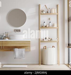 Maison salle de bains intérieur avec lavabo sur armoire en bois avec brosses à dents de bain, miroir rond, étagères en échelle avec accessoires de bain, 3 Banque D'Images