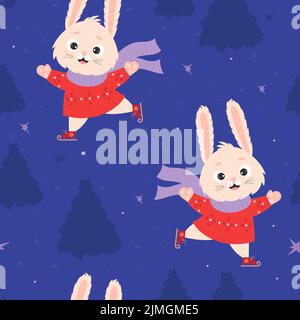 Motif sans couture avec adorable lapin en chandail et foulard sur fond bleu avec décor et arbres. Illustration vectorielle. Le nouvel an 2023 est l'année de t Illustration de Vecteur