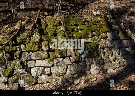 Des fragments anciens de mur de roche dans la forêt protégeant la route du glissement de terrain. Barrière en pierre. Banque D'Images