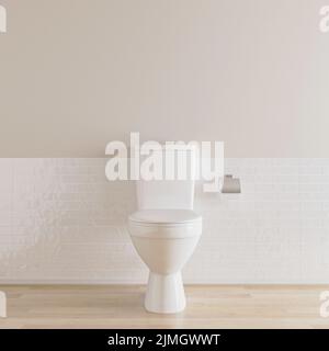 Cuvette de toilette blanche dans la chambre vide avec carrelage blanc, illustration 3D Banque D'Images