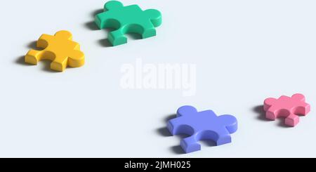 Arrière-plan panoramique horizontal moderne avec des puzzles vierges colorées et dispersées. 3d rendu. Dessin numérique informatique. Puzzle. Bannière minimale Illustration de Vecteur