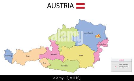 Carte de l'Autriche. Autriche carte avec fond de couleur et nom de tous les États. Illustration de Vecteur
