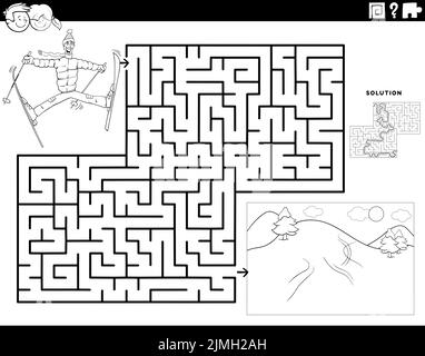 Labyrinthe avec dessin animé homme ski coloriage livre page Banque D'Images