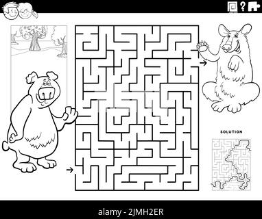 Labyrinthe avec dessins animés ours animaux personnages coloriage livre page Banque D'Images