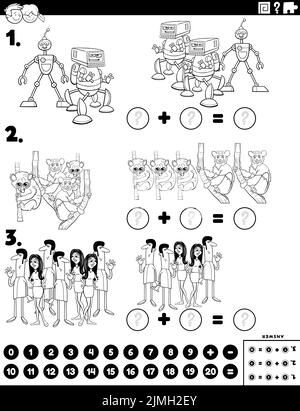 Tâche d'ajout mathématique avec page de livre de coloriage de personnages de dessin animé Banque D'Images