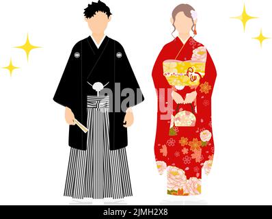 Les hommes et les femmes vêtus de kimono, le kama de montsuki et le kimono de furisode, posent pour une photo commémorative à la cérémonie du prochain-âge. Illustration de Vecteur