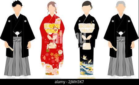 Famille à Kimono, Montsuki Hakama et Furisode, Kurotomesode Illustration de Vecteur
