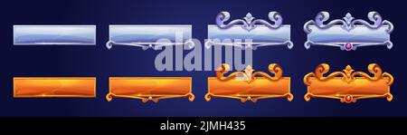 Boutons argent et or de jeu avec cadres fantaisie dans le style médiéval. Ensemble de dessins animés vectoriels de bannières vides, barres de classement de jeu avec des bordures décoratives iso Illustration de Vecteur