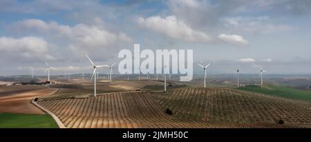 Vue aérienne du pays andalou et du paysage agricole avec de nombreuses éoliennes générant de l'électricité Banque D'Images