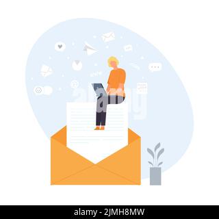 E-mail et messagerie. Femme assise sur une grande enveloppe et travaillant à un ordinateur portable. Personnage de dessin animé féminin recevant des lettres et des notifications de SO Illustration de Vecteur