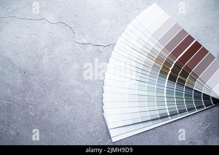 Échantillons de peinture nuance de couleurs pour le design intérieur. Fond gris en béton fissuré, couleurs terre. Banque D'Images