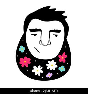 Doodle visage masculin avec des fleurs de couleur, des herbes dans la barbe. Homme sarcastique dessiné à la main sur fond blanc. Avatar humain. Fête des pères, marié, enseigne de barbershop. Illustration de Vecteur