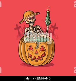 Un dessin vectoriel d'un squelette de vacances de baignade avec la bière de boisson sur une citrouille d'Halloween avec fond rose Illustration de Vecteur