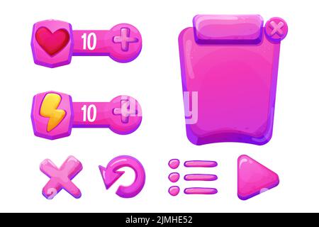 Set Jelly, fantasy interface modèle de menu de jeu et les boutons de réglage dans le style de dessin animé isolé sur fond blanc. Actif d'interface utilisateur, cadre pour la conception des paramètres. Toile décontractée 2D élément. Illustration vectorielle Illustration de Vecteur