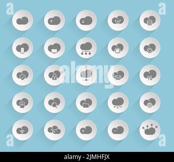 icônes vectorielles de cloud computing sur des cercles de papier bouffis ronds avec des ombres transparentes sur fond bleu. Icônes vectorielles de stock pour le Web, le mobile et l'utilisateur int Illustration de Vecteur