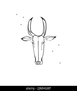 Dessin à la main abstrait vecteur graphique clipart illustration tête de vache boho avec corne logo élément.Western design concept.Bohemian sauvage ouest contemporain Illustration de Vecteur