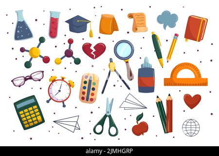 Collection de dessins animés avec équipement scolaire. Fournitures de retour à l'école - tube de chimie et crayons, stylo et ciseaux. Illustrations vectorielles dessinées à la main. Illustration de Vecteur