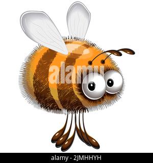 Une illustration graphique de Fluffy Bee mignon et drôle personnage de dessin animé Flying, isolé sur blanc Illustration de Vecteur