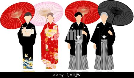 Membres de la famille dans un kimono avec parasols japonais, hakama à crête et furisode, tomesode noire Illustration de Vecteur