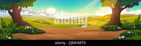 Dessins animés nature paysage, été forêt ensoleillée fond panoramique avec des arbres verts, fleurs blanches et champ rural sous ciel bleu avec soleil être Illustration de Vecteur