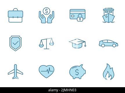 Icônes vectorielles plates d'assurance en deux couleurs isolées sur fond blanc. Jeu d'icônes bleu d'assurance pour la conception Web, l'interface utilisateur, les applications mobiles et l'impression Illustration de Vecteur