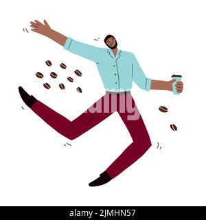 Jeune homme heureux avec concept de tasse à café à emporter. Caricature afro-américain garçon court joyeusement à la carte postale de travail. Symbole Bonjour. Caractère de bureau Illustration de Vecteur