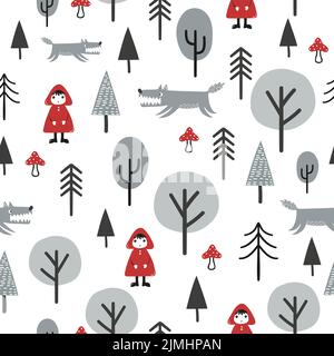 Motif de conte de fées Red Riding Hood sans couture. Petite fille et loup dans la forêt. Illustration de Vecteur