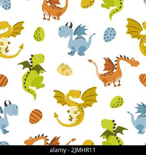 Motif dragon de dessin animé sans couture. Personnages animaux amusants pour les enfants. Imprimé bébé Illustration de Vecteur