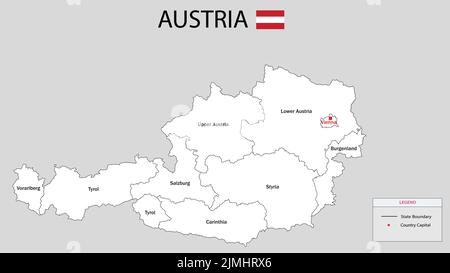 Carte de l'Autriche. Autriche carte avec fond blanc et noms de tous les États. Illustration de Vecteur
