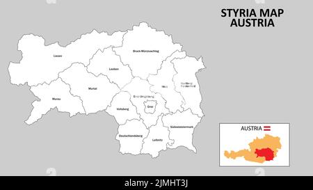 Carte de Styrie. Carte de l'état et du district de Styrie. Carte administrative de Styrie avec quartier et capitale en blanc. Illustration de Vecteur