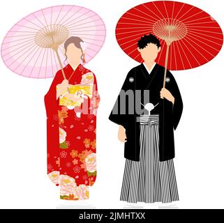 Hommes et femmes vêtus de kimono portant des parasols, du kama montsuki et du furisode Illustration de Vecteur