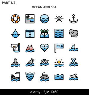 Un ensemble d'icônes colorées de l'océan et de la mer avec un fond blanc Illustration de Vecteur
