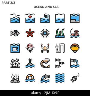 Un ensemble d'icônes colorées de l'océan et de la mer avec un fond blanc Illustration de Vecteur