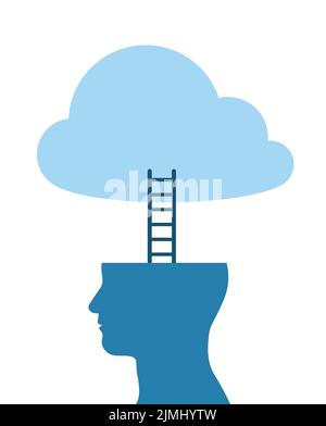 Rêveur, homme d'affaires avec la tête ouverte et l'échelle, ayant sa tête dans les nuages - illustration vectorielle Illustration de Vecteur