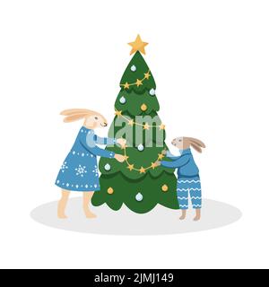 Deux lapins mignons en ensembles maison décorent l'arbre de noël avec la guirlande et les boules. Les lapins de personnages d'animaux à la mode célèbrent les vacances d'hiver Illustration de Vecteur