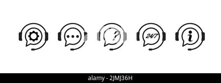 Ensemble d'icônes de lignes vectorielles associées à la prise en charge. Inclut des icônes telles que l'opérateur, le casque, le combiné, la boîte de dialogue. Illustration de Vecteur