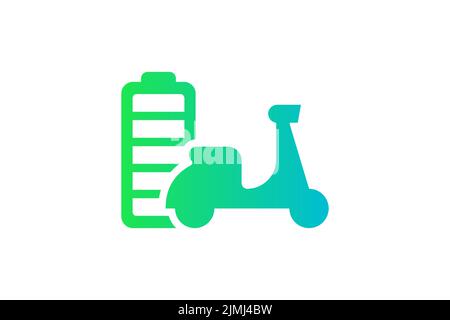 Icône de gradient vert de l'indicateur d'énergie de la batterie complètement chargée du scooter électrique. Symbole du chargeur de l'accumulateur du cyclomoteur pour le transport électrique. Moto à charge électrique. Recharge écologique en transport Illustration de Vecteur