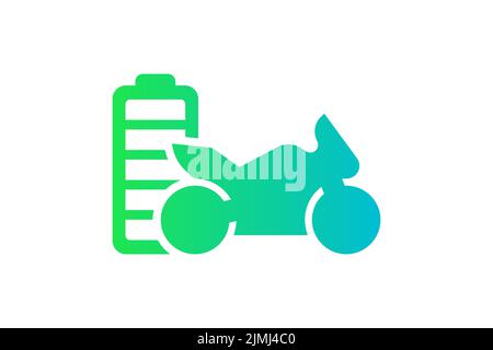 Vélo de sport électrique, indicateur d'énergie de la batterie complètement chargée, icône de gradient vert. Symbole du chargeur de l'accumulateur de la moto pour le transport électrique. Moto à charge électrique. Panneau de véhicule écologique Illustration de Vecteur