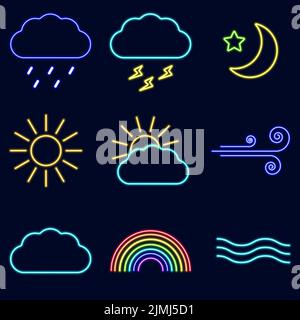 Météo. Ensemble d'icônes néon isolées de contour. Illustration de Vecteur