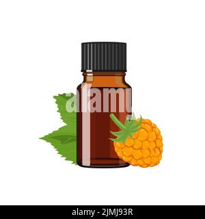 Huile essentielle de CLOUDBERRY en bouteille de verre brun, produit de traitement de médecine alternative à base de plantes, vecteur Illustration sur fond blanc Illustration de Vecteur