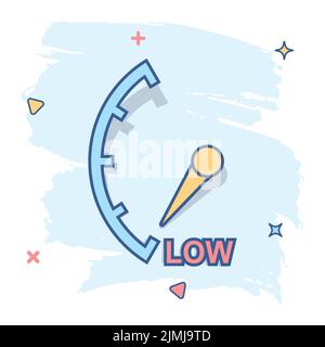 Icône de bas niveau de dessin animé en style comique. Pictogramme de l'indicateur de vitesse et du compte-tours. Concept commercial de destruction de compteur de risques. Illustration de Vecteur