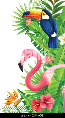 Bordure verticale opulente du feuillage de la forêt tropicale avec toucan rose flamant et illustration vectorielle colorée de fleur d'oiseau de paradis Illustration de Vecteur
