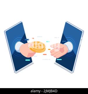 Plat 3D Isométrique homme d'affaires de la main donnant Bitcoin à d'autres par smartphone. Concept de transfert et de paiement Bitcoin. Illustration de Vecteur