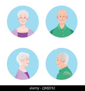Ensemble de portraits de femme et d'homme âgé. Profil de portrait de senior et illustration vectorielle de vue avant isolée. Illustration de Vecteur