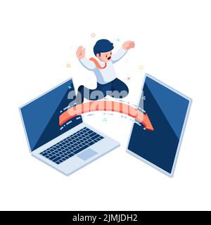 Flat 3D Isométrique homme d'affaires saut de l'ordinateur portable à la tablette numérique. Développement de logiciels multiplate-forme pour ordinateurs de bureau et appareils mobiles. Illustration de Vecteur